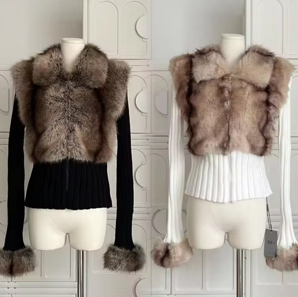 Old Money Long Sleeve Cuddly Faux Fur Sweater Crop Cardigan Full Zip Knitwear